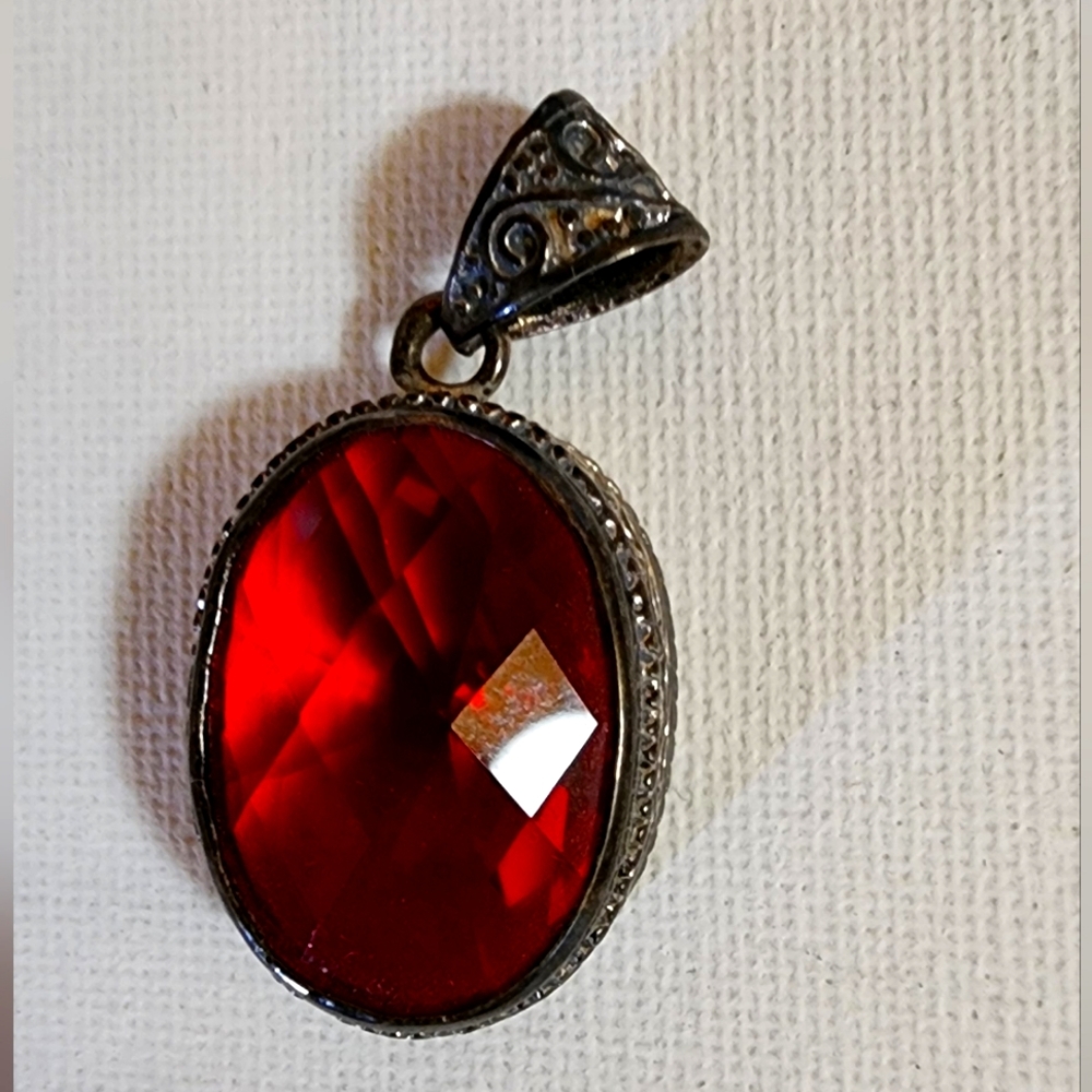 Vintage .925 S.S. Large Blood Red Crystal Pendant